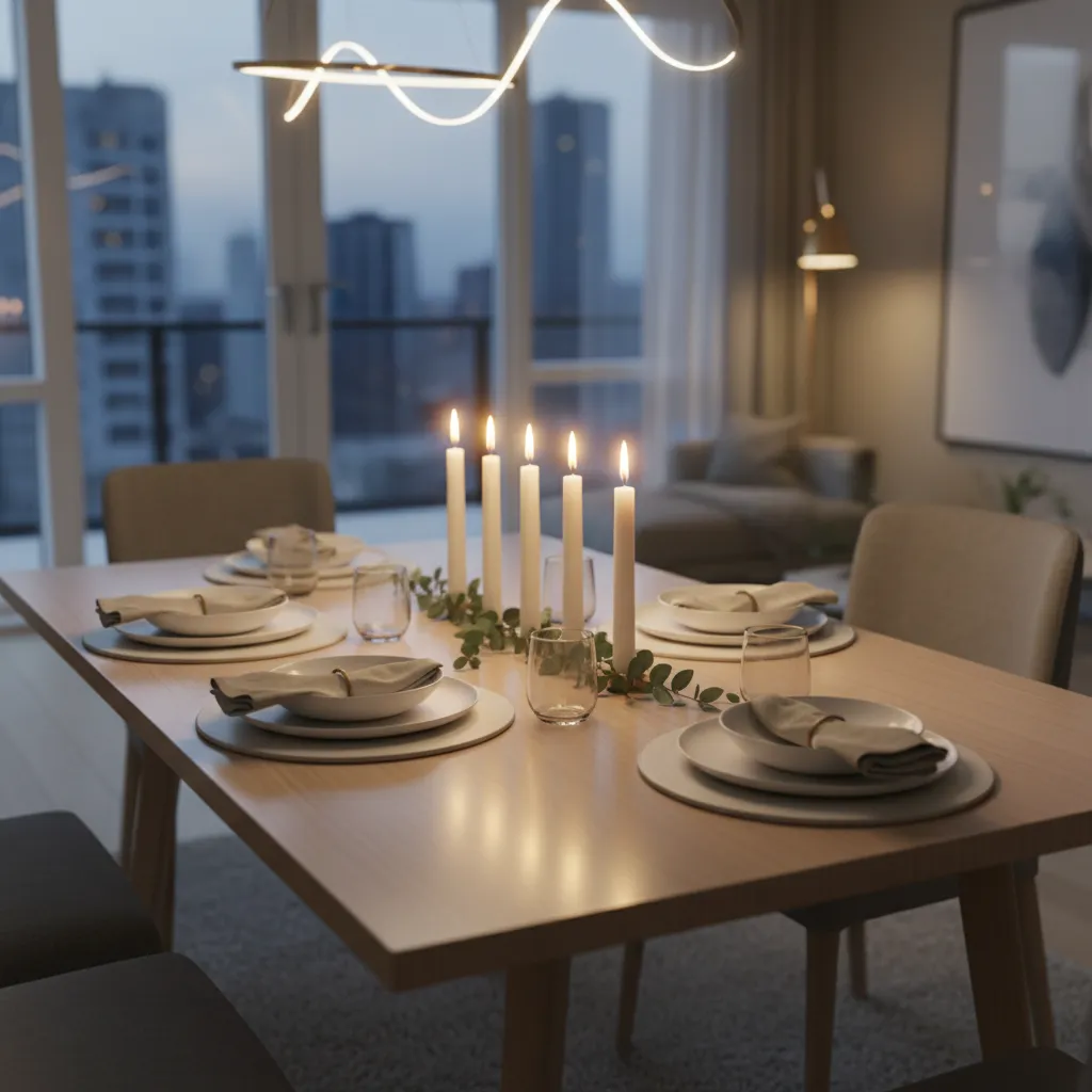 Mesa de comedor moderna con vajilla minimalista y velas