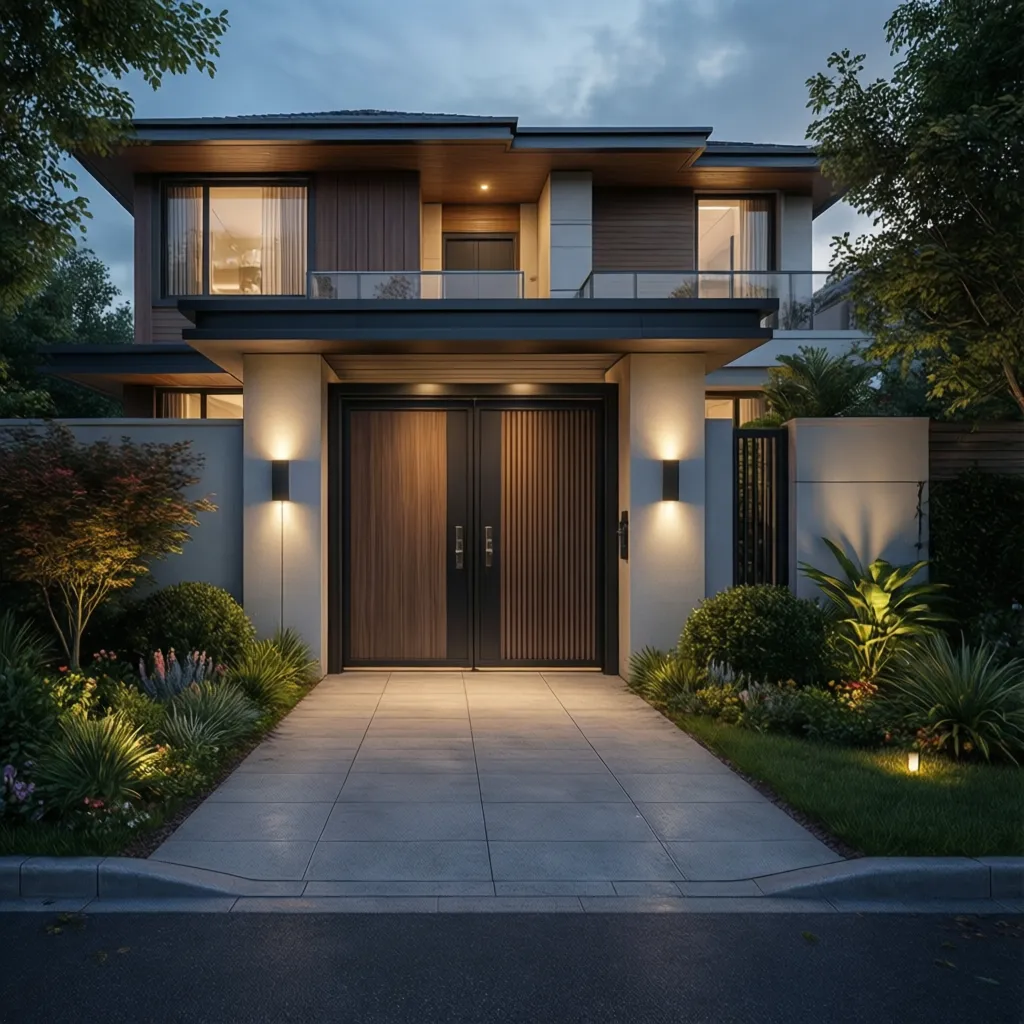 Modern residential entrance with a stylish driveway gate and landscaped front yard