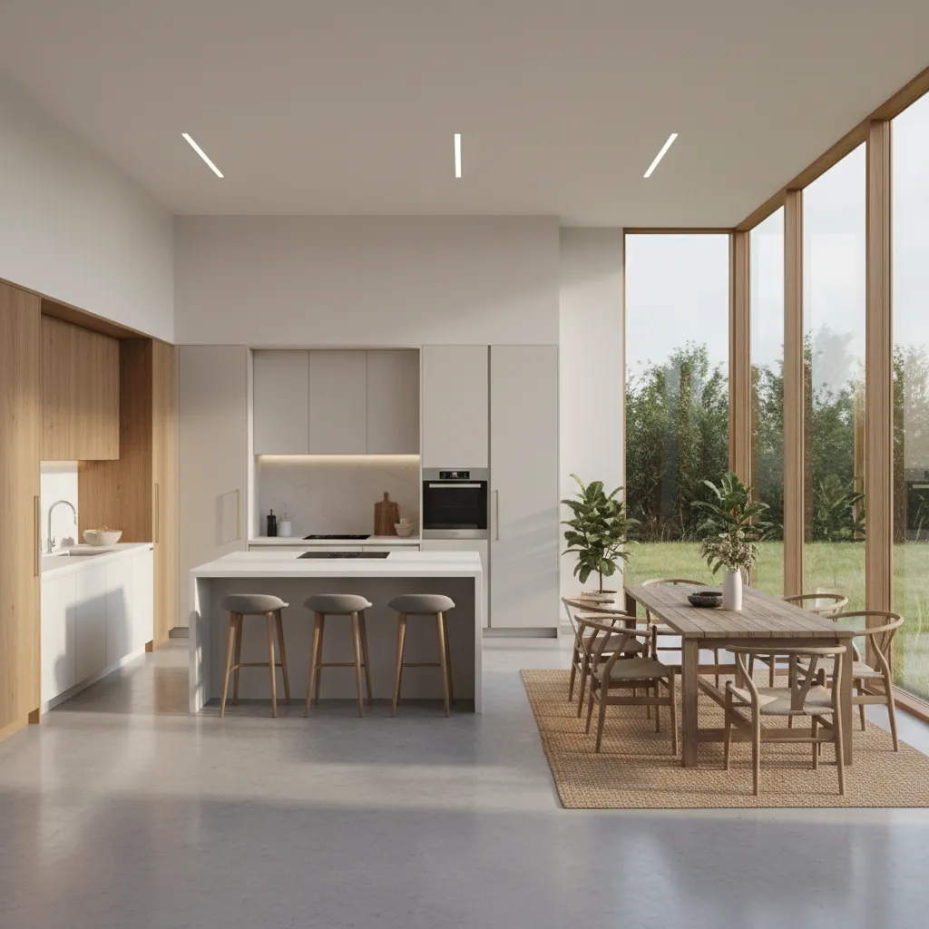 Open plan kitchen and dining area with wooden table, island stools, rug, and large windows
