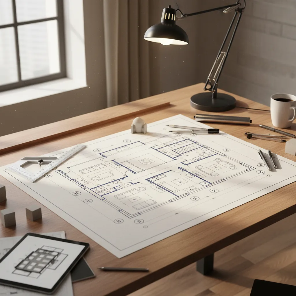 Modern home floor plan showing electrical outlet and lighting layout planning