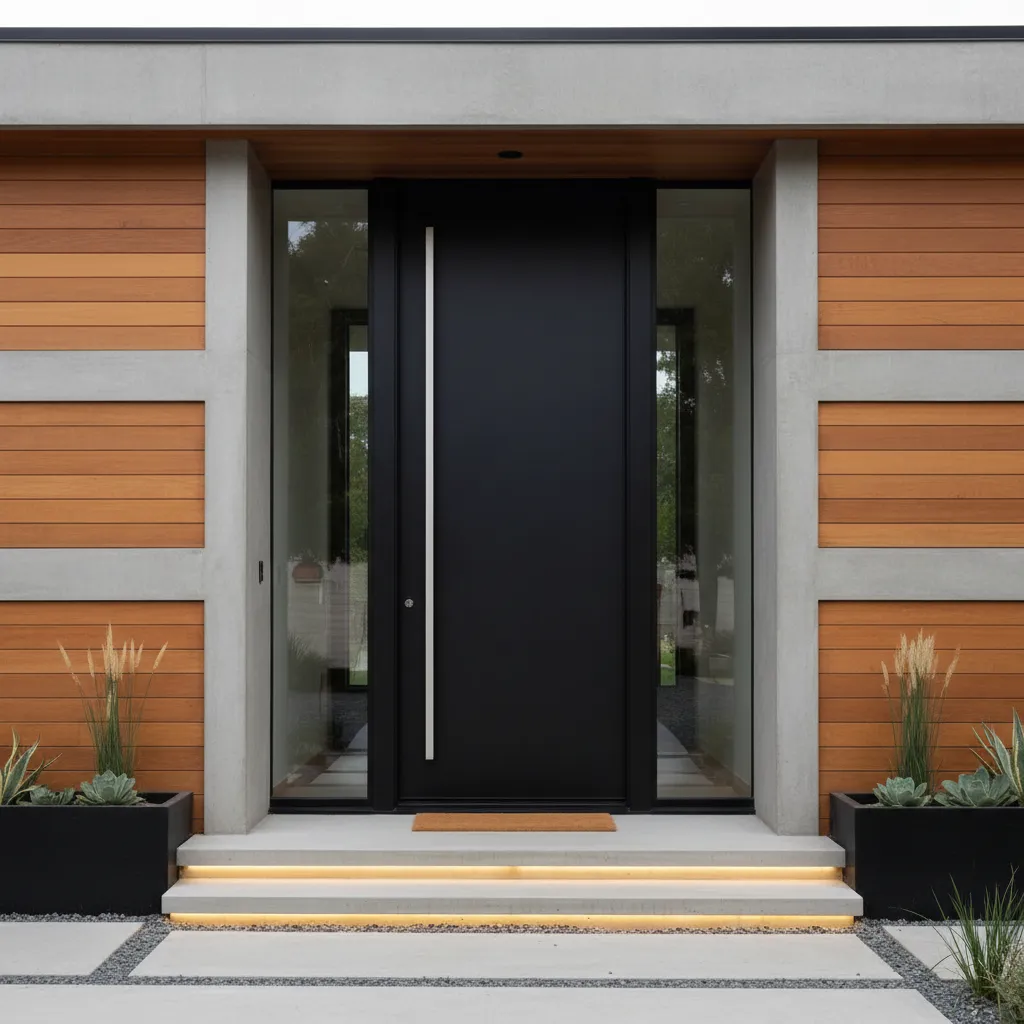 Minimalist modern house entrance with large black door and glass panels