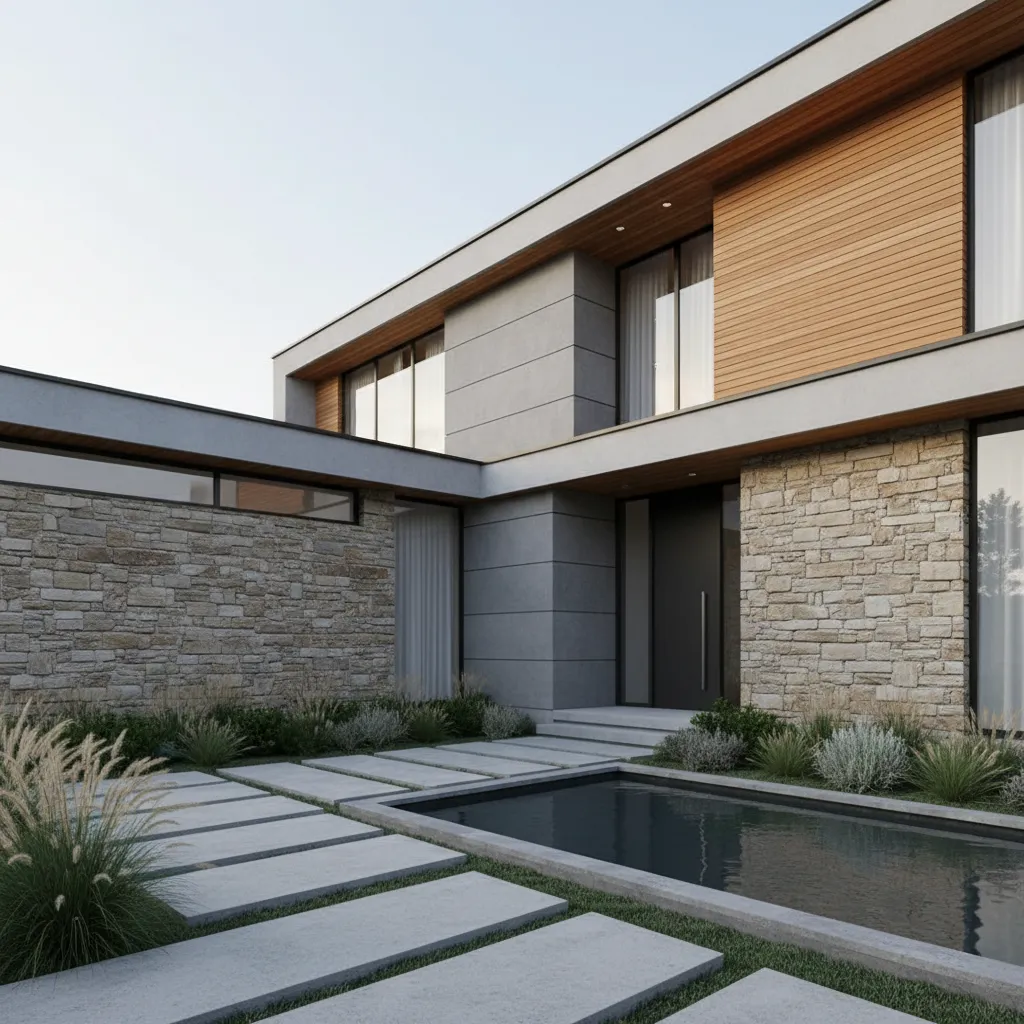 Contemporary house exterior showing combination of stone concrete and wood materials