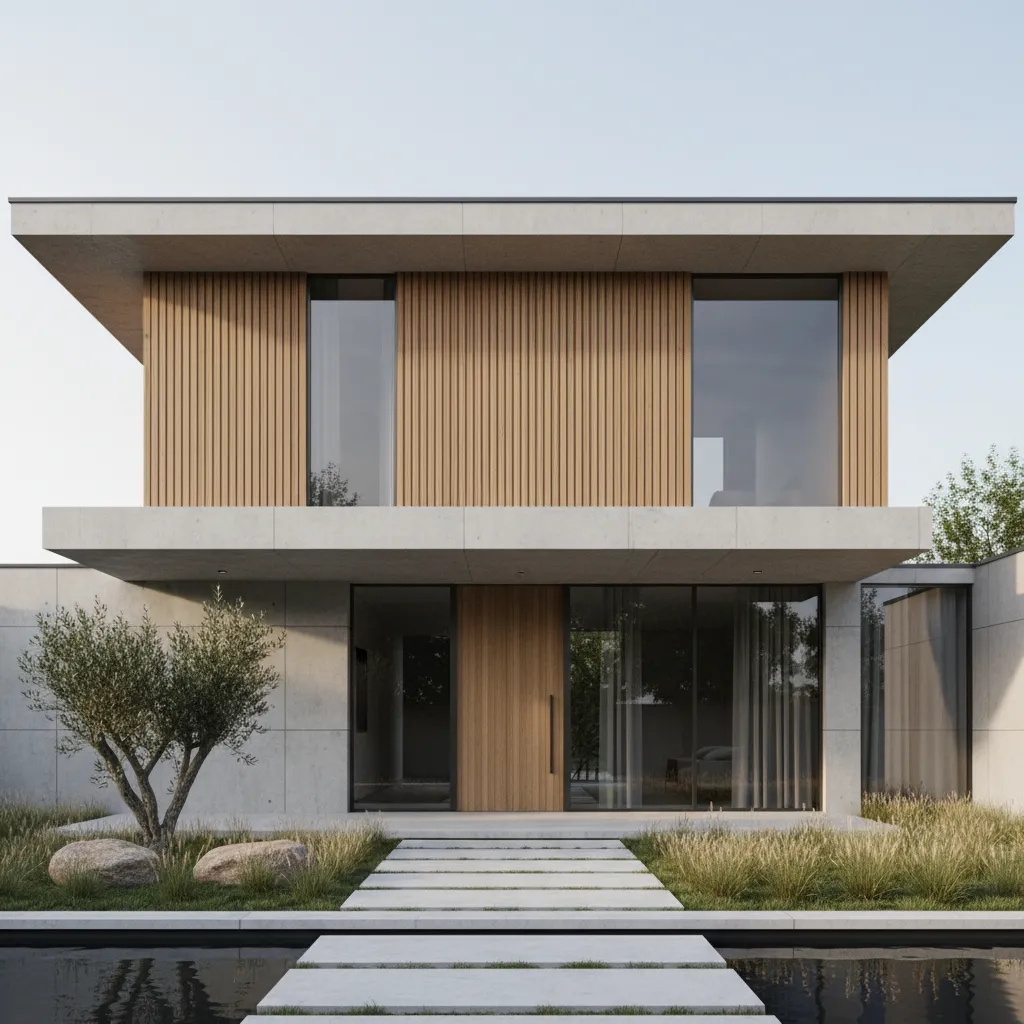 Modern home exterior showing contrasting wall materials and minimalist architecture