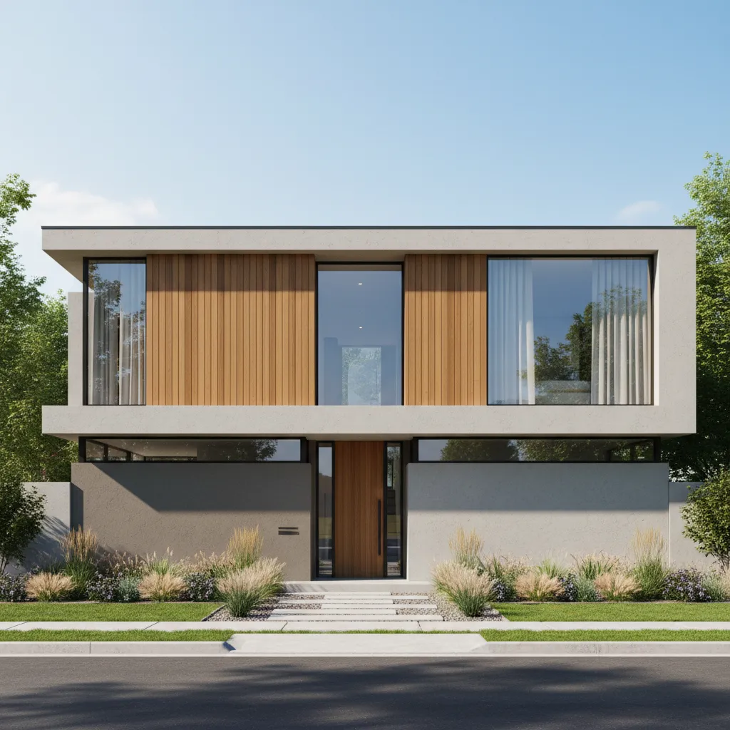 Modern residential house facade with large windows wood siding and concrete volumes