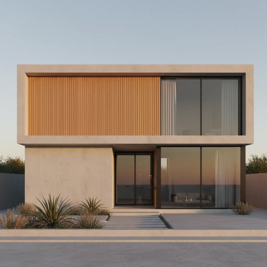 Modern home exterior showing combination of concrete wood and glass facade materials