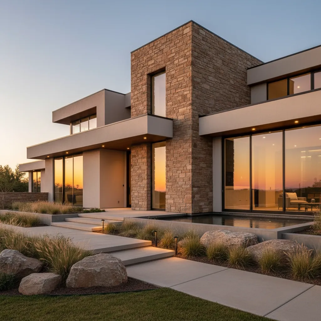 Luxury modern home facade showing stone and stucco exterior wall contrast