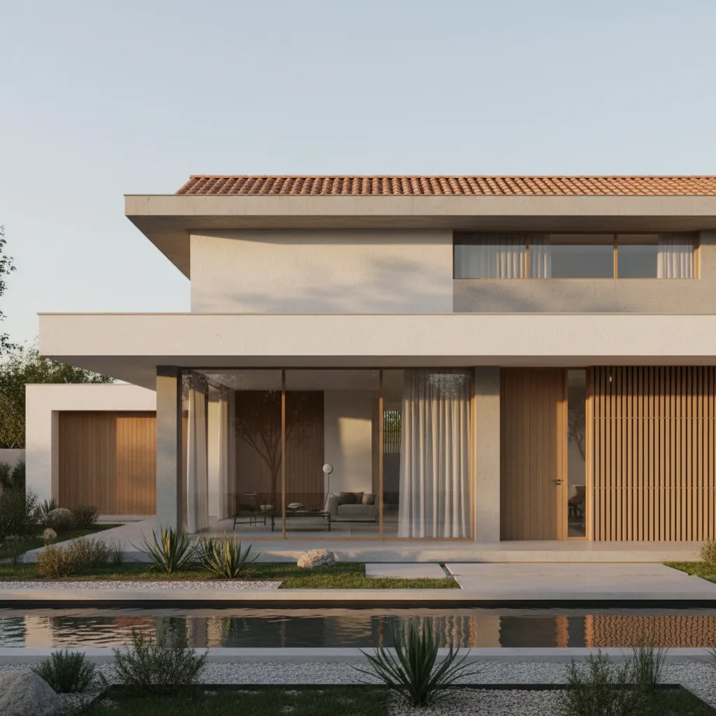 Modern minimalist house with flat clay tile roof design