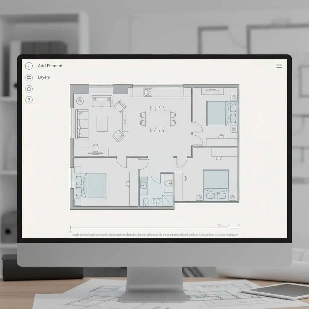 digital interface showing simple 2D floor plan layout of apartment