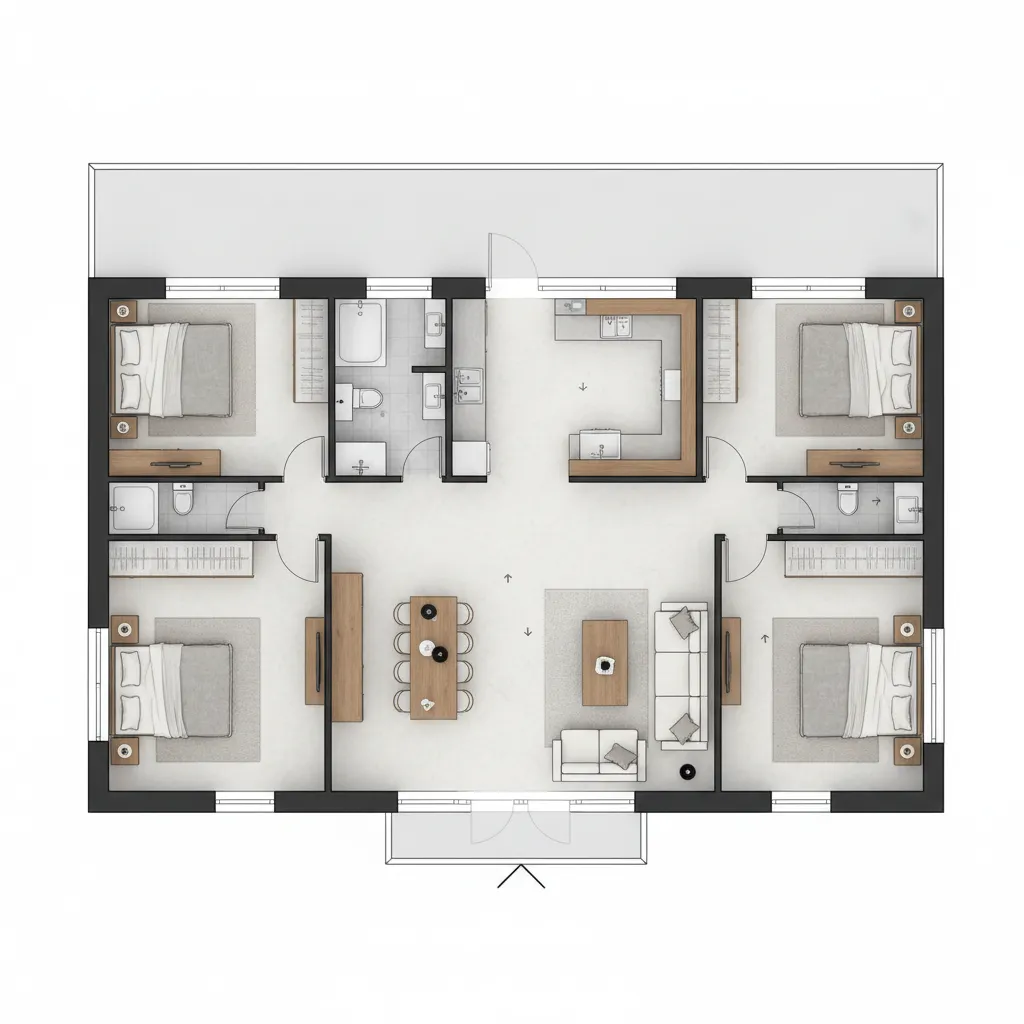 Top down floor plan view of a four bedroom house with living room and kitchen