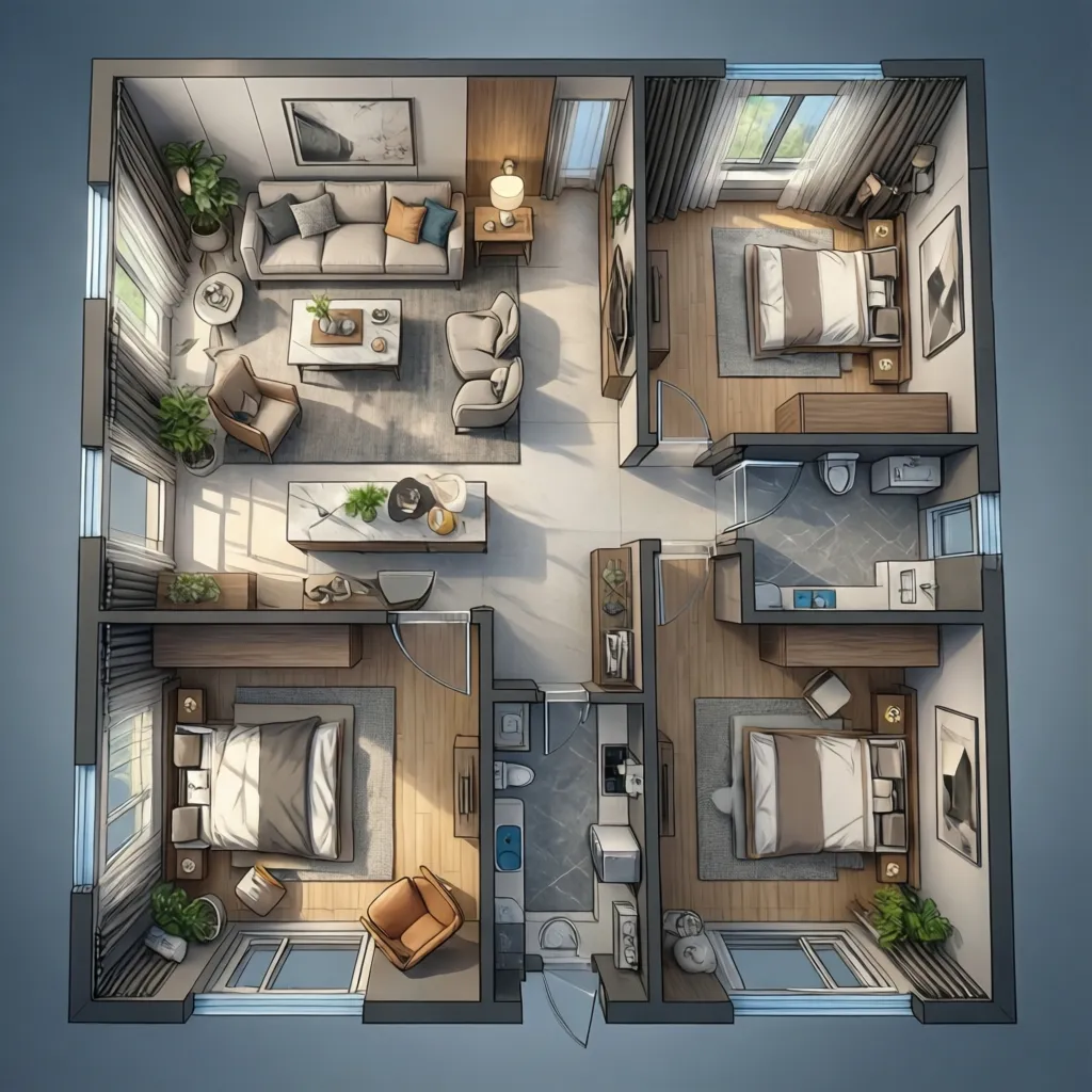 3D visualization of a modern apartment floor plan layout