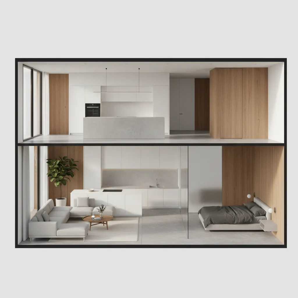 3D visualization of a modern home layout generated from a floor plan design