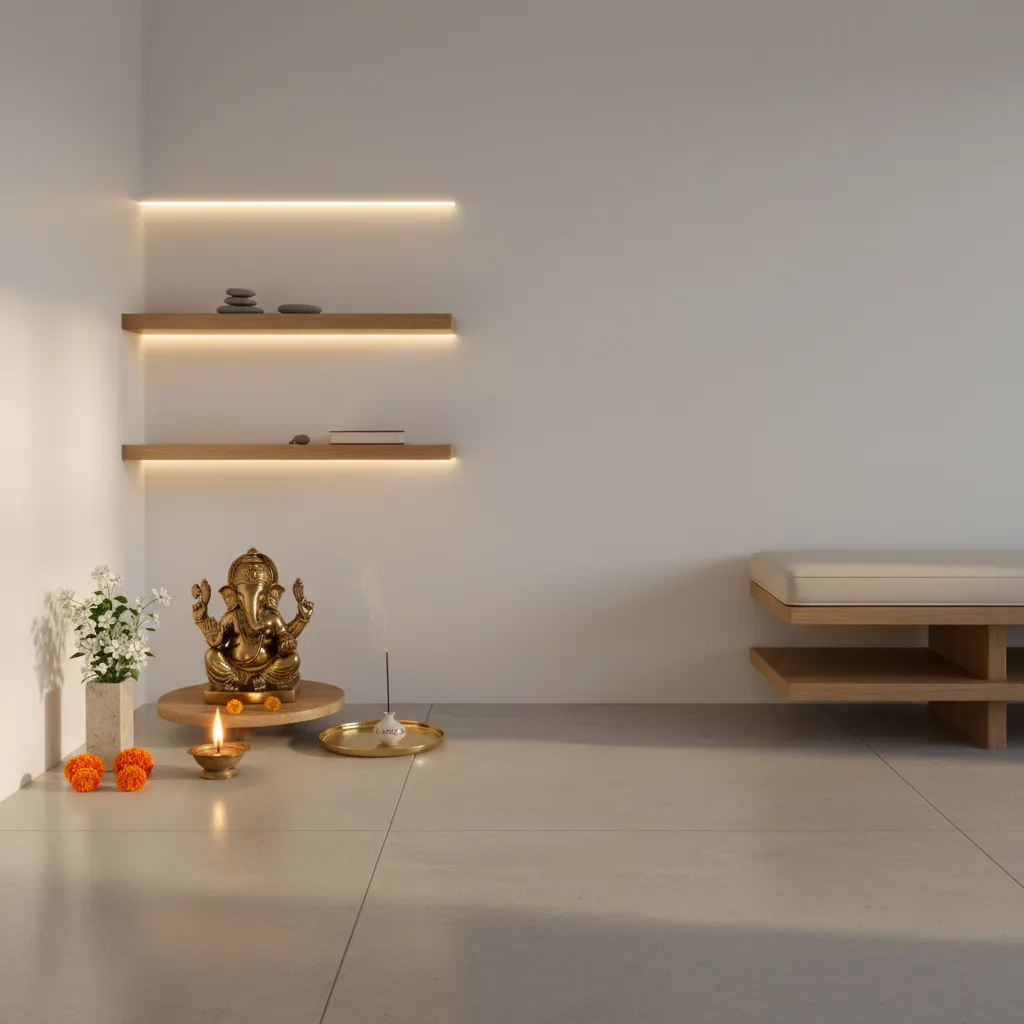 Simple modern Ganesh pooja altar with diya flowers and idol