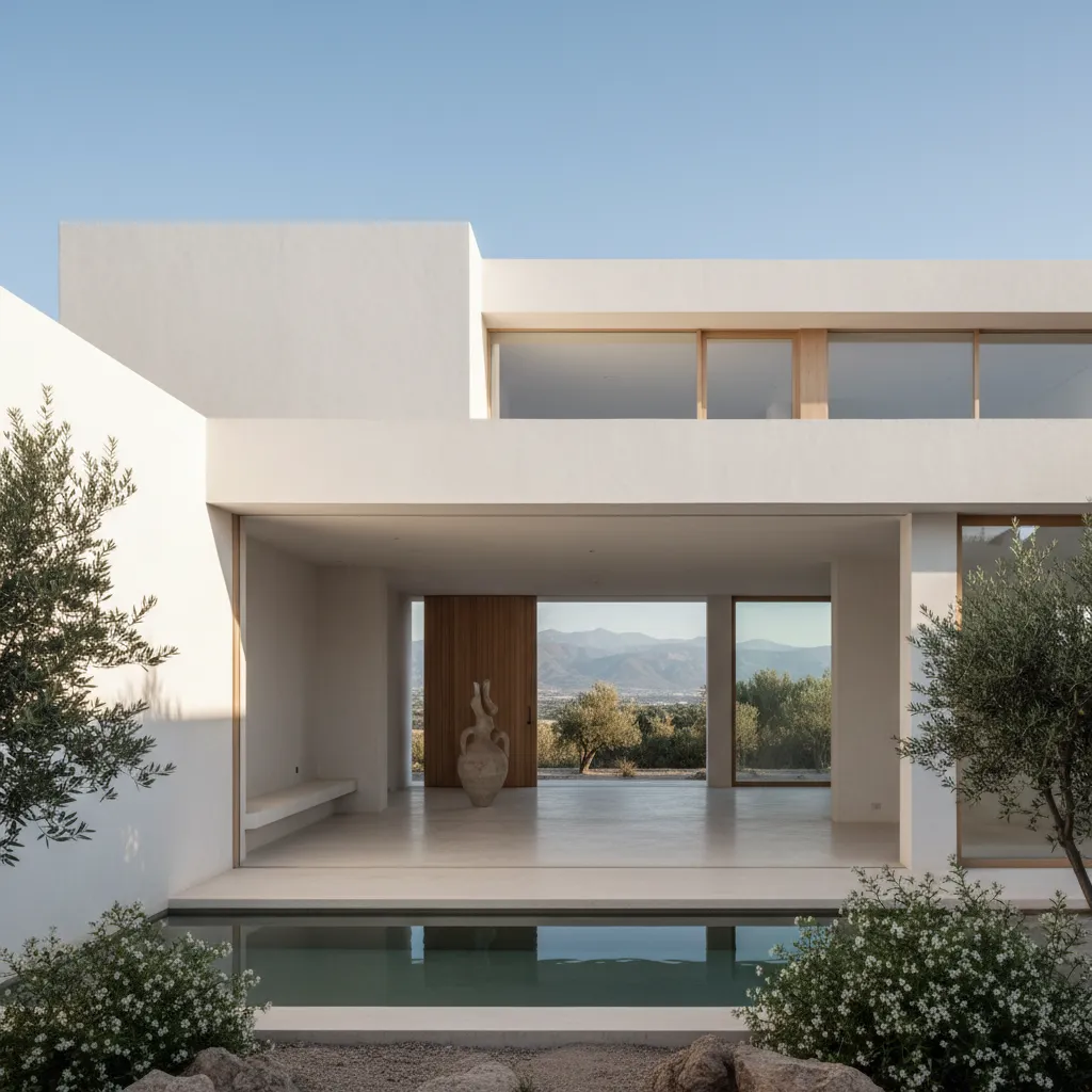 Minimalist white house with open living area wooden door small pool and green olive trees