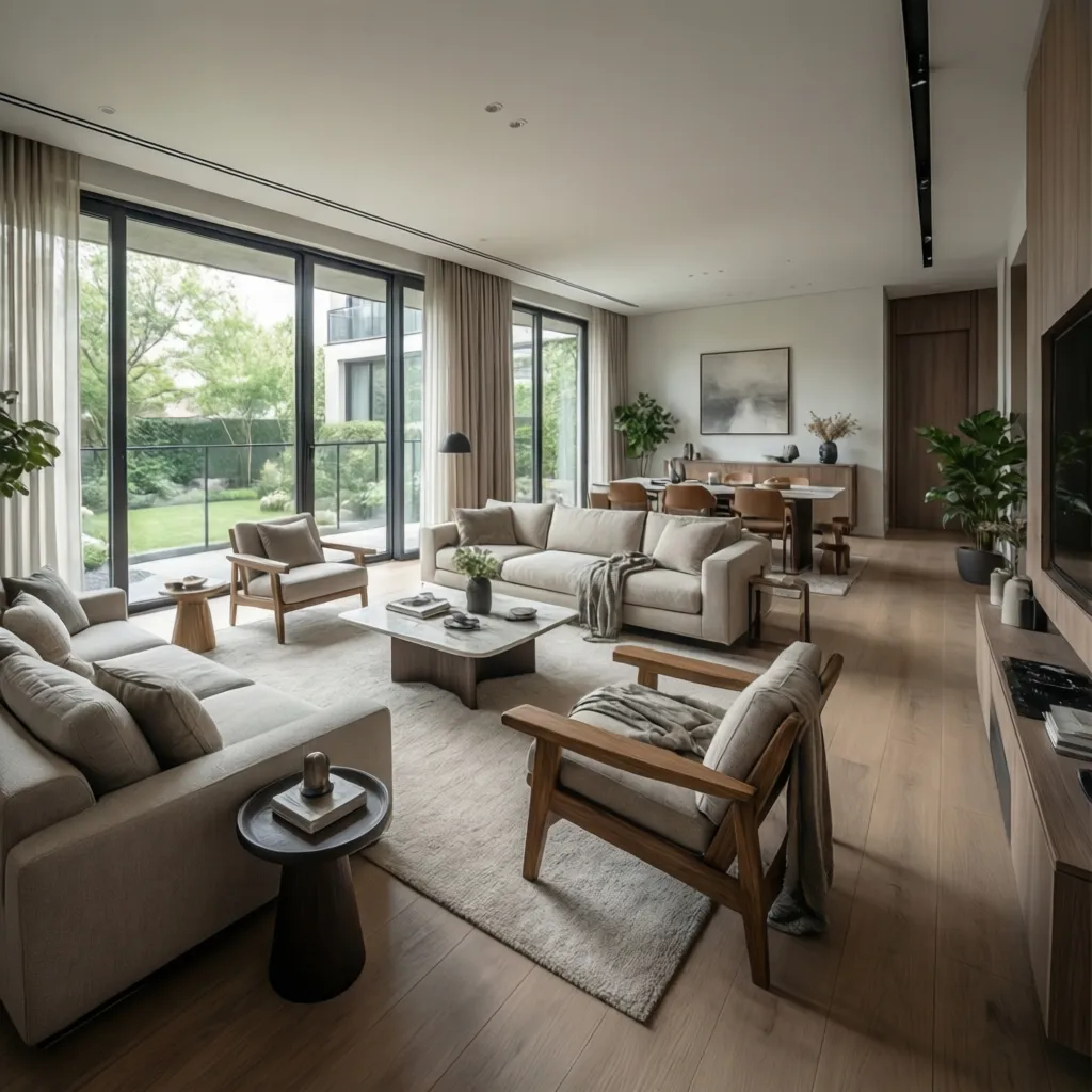 Spacious open living room with grey sofas, wood floors, dining area, and large glass doors