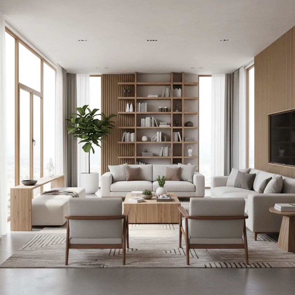 Salón moderno diseñado profesionalmente con mobiliario contemporáneo