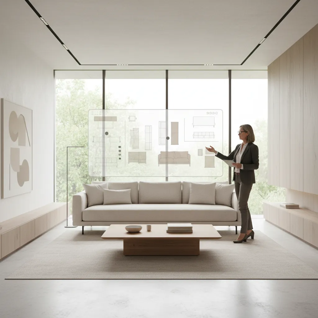 Female interior designer showing furniture layout drawings inside a minimalist living room with beige sofa