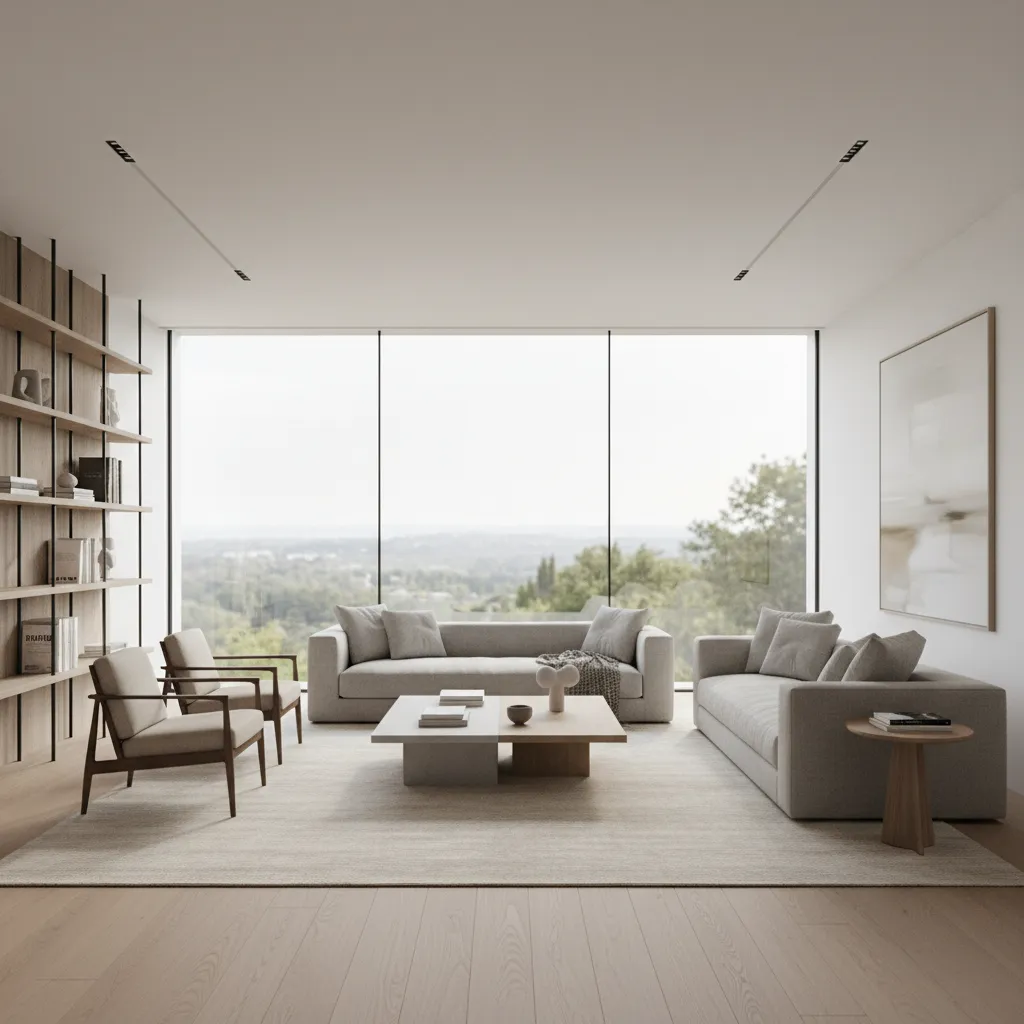 Minimalist living room featuring grey sofas wooden coffee table large windows and green nature view
