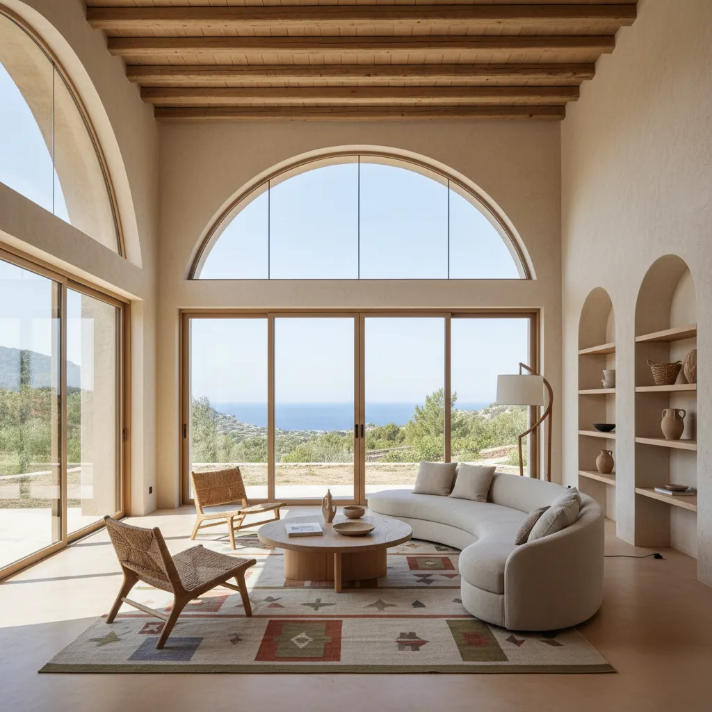 Mediterranean living room with curved sofa arched windows sea view and wooden beams on ceiling