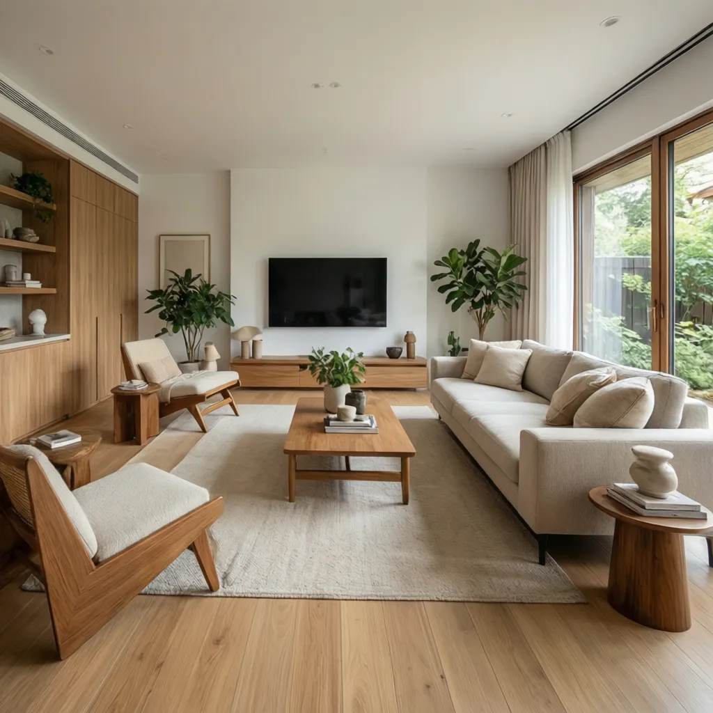 Interior moderno con madera clara, paredes blancas y decoración minimalista