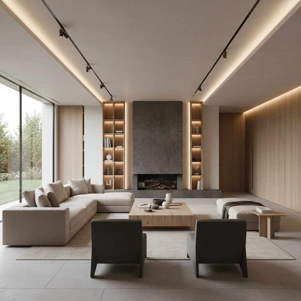 Modern minimalist living room showing clean architecture and balanced interior design