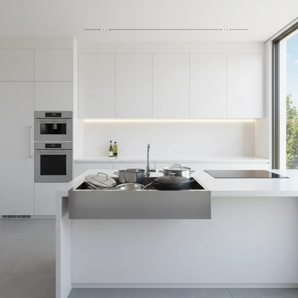 Modern residential kitchen with deep stainless steel undermount sink and large cookware
