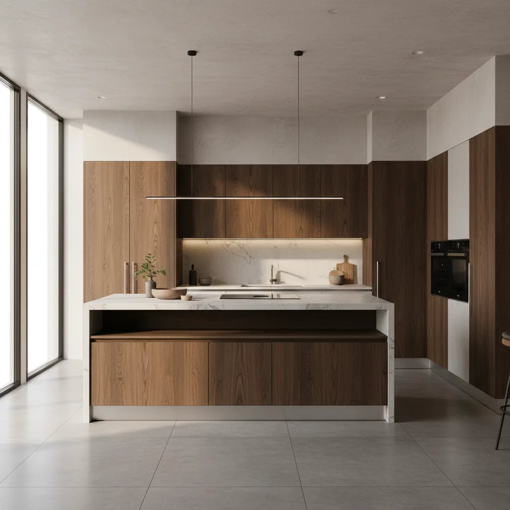 Modern residential kitchen with stainless steel cabinet kick plates inspired by commercial design
