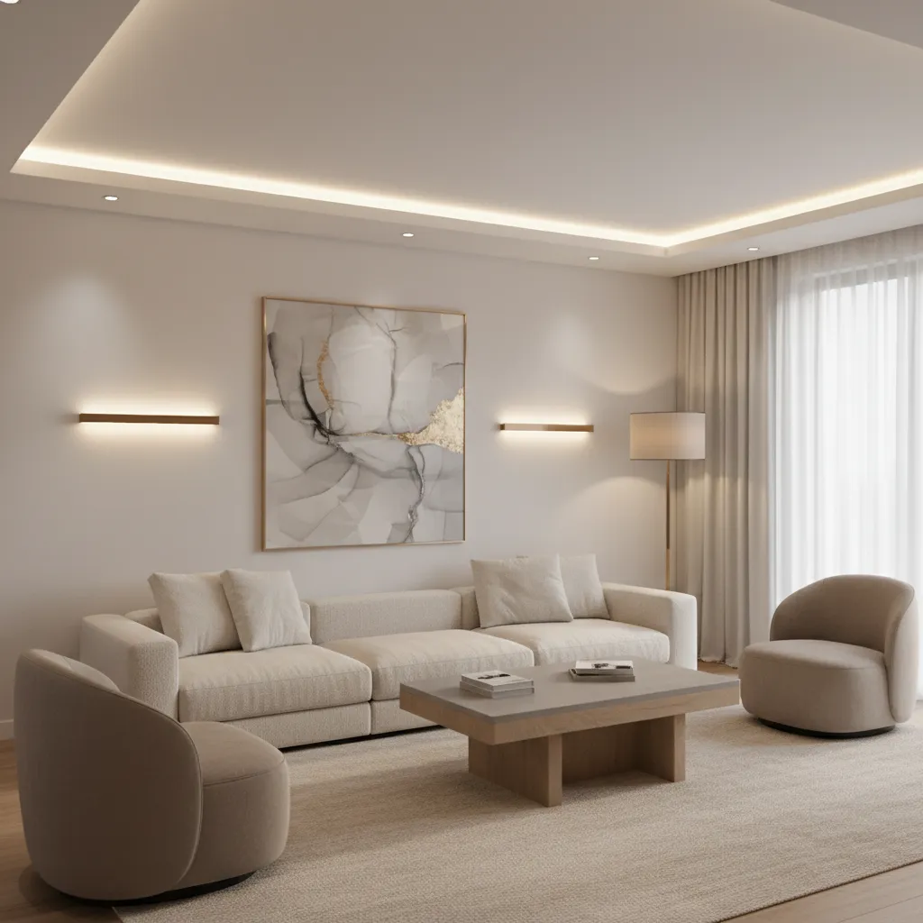 modern living room with layered electric lighting including ceiling lights lamps and accent lighting