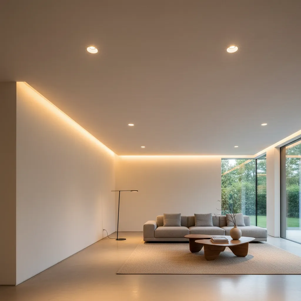 Minimalist living room with warm hidden wall light grey sofa wooden coffee table and large windows