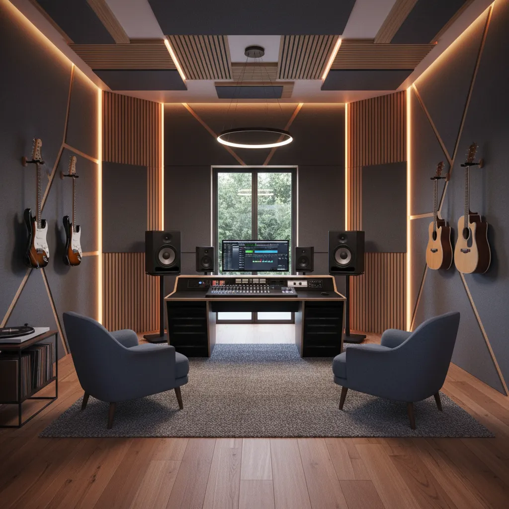 modern home music studio with acoustic panels and mixing desk