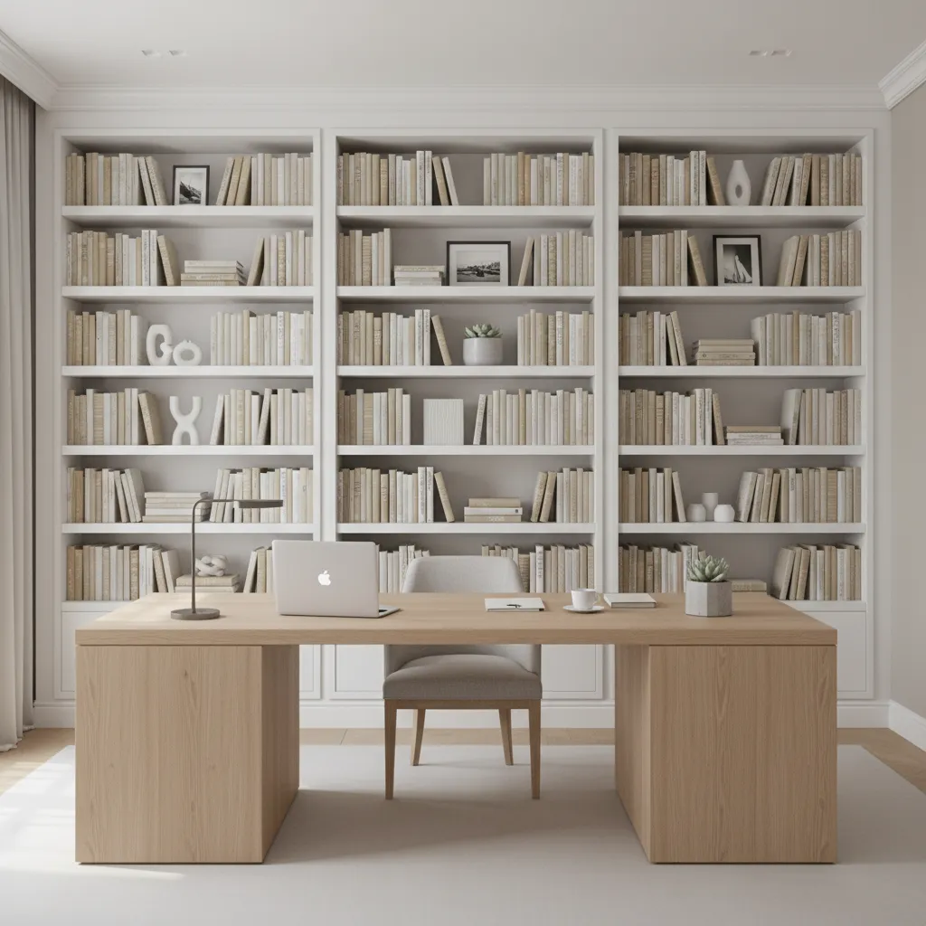 home office with full wall bookcase behind desk