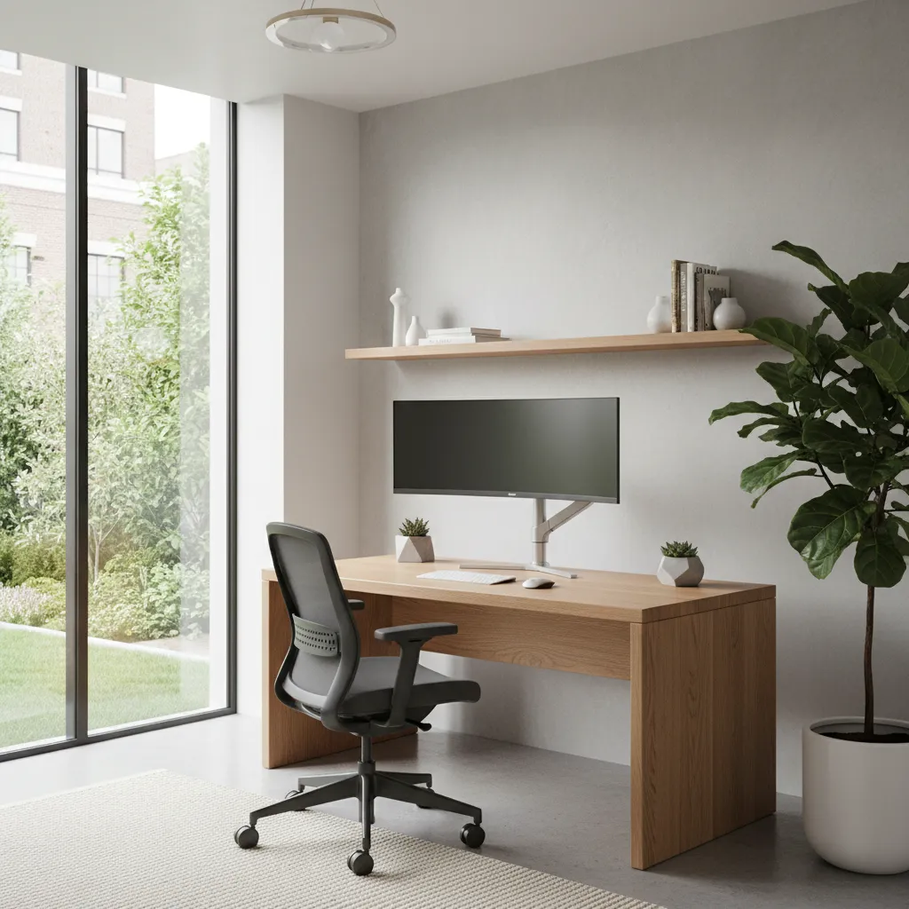 Modern home office with wooden desk wide monitor black chair green plant and garden window