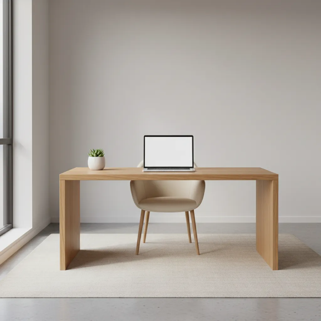 minimal modern home office desk with natural light and plant