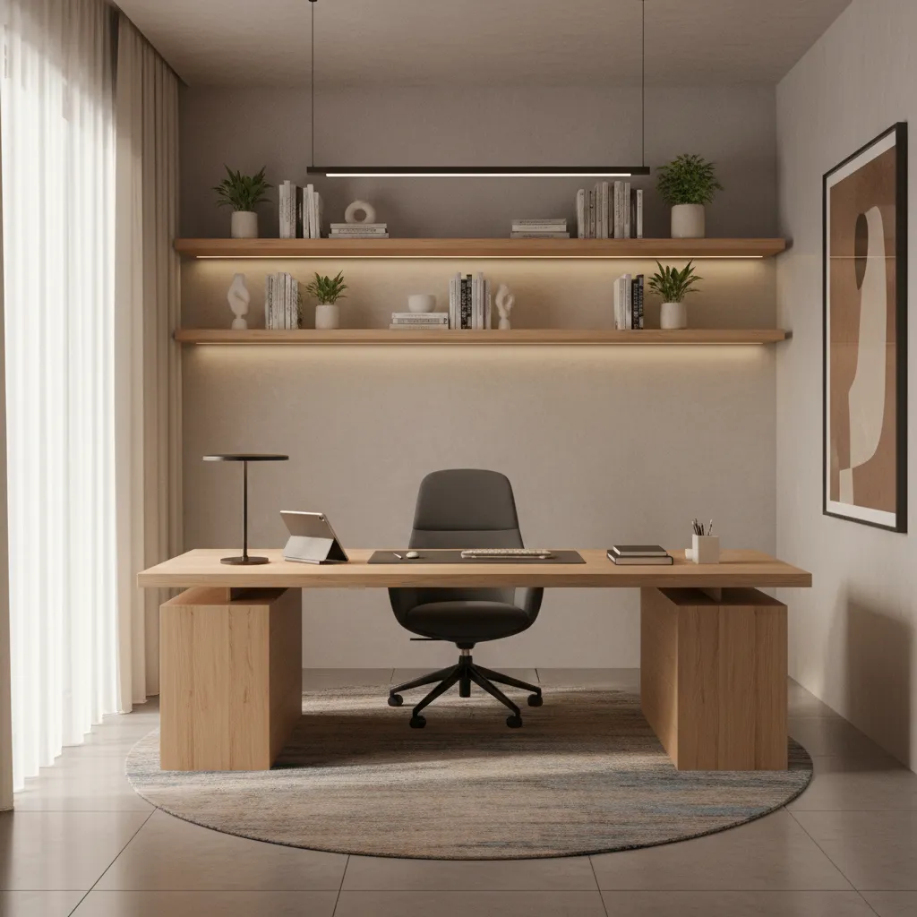 Visualización 3D realista de un estudio moderno en casa
