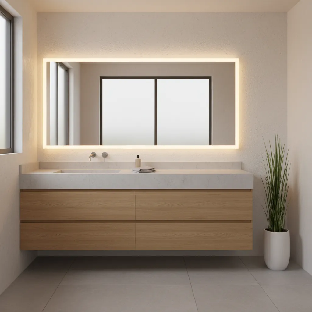 Modern residential bathroom vanity with offset sink and large grooming counter space