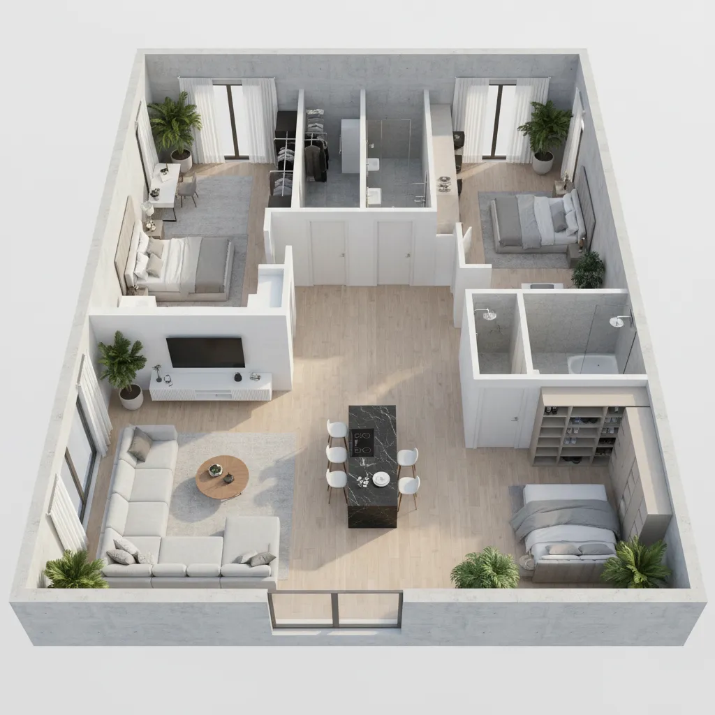 visualización 3D de un plano de vivienda moderna con varias habitaciones