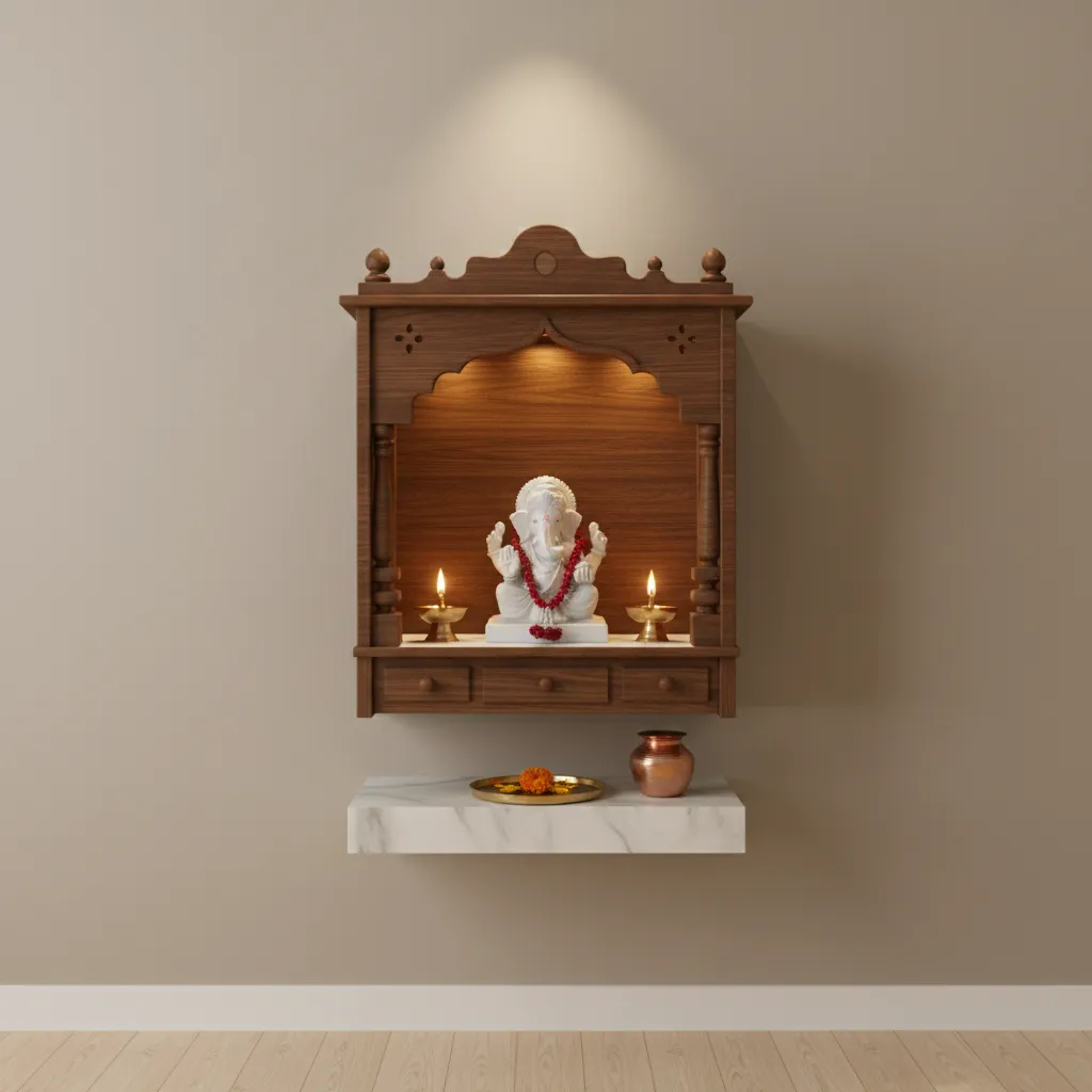 Modern home pooja corner with wooden mandir shelf and brass lamps