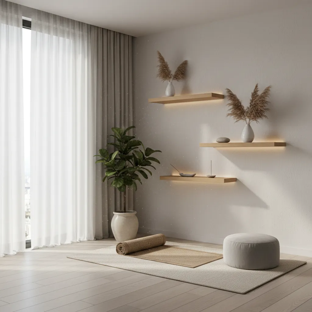 modern living room corner with wall mounted altar and small meditation space