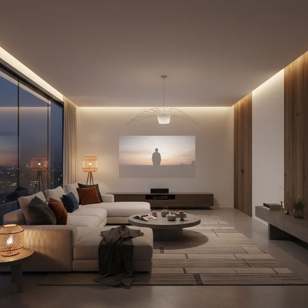 Sala multifunción con cine en casa mediante proyector