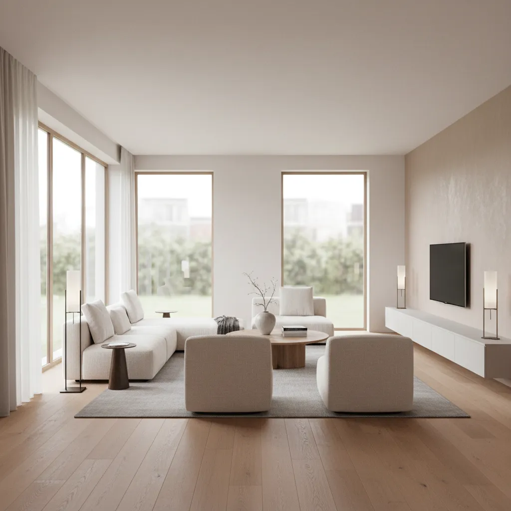 Modern renovated living room with minimalist furniture and natural lighting