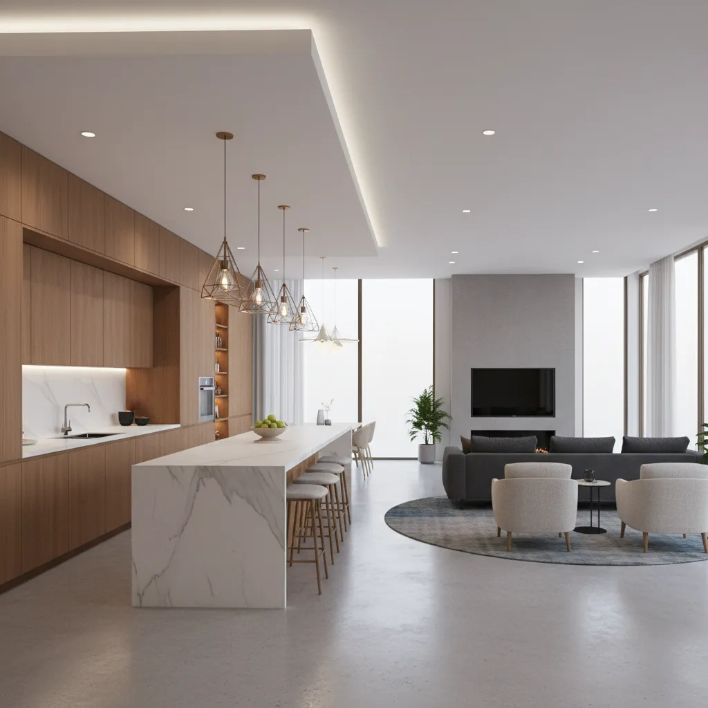 3d interior render preview of a renovated modern kitchen and living space