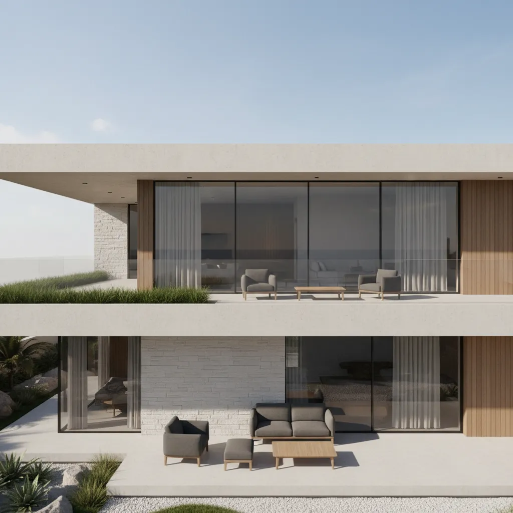 Modern home architecture featuring a second floor terrace connected to interior living space