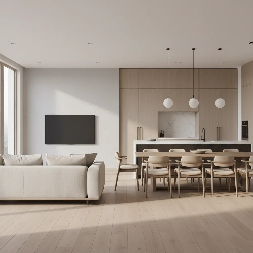 Example of modern house interior space planning with living room and kitchen layout