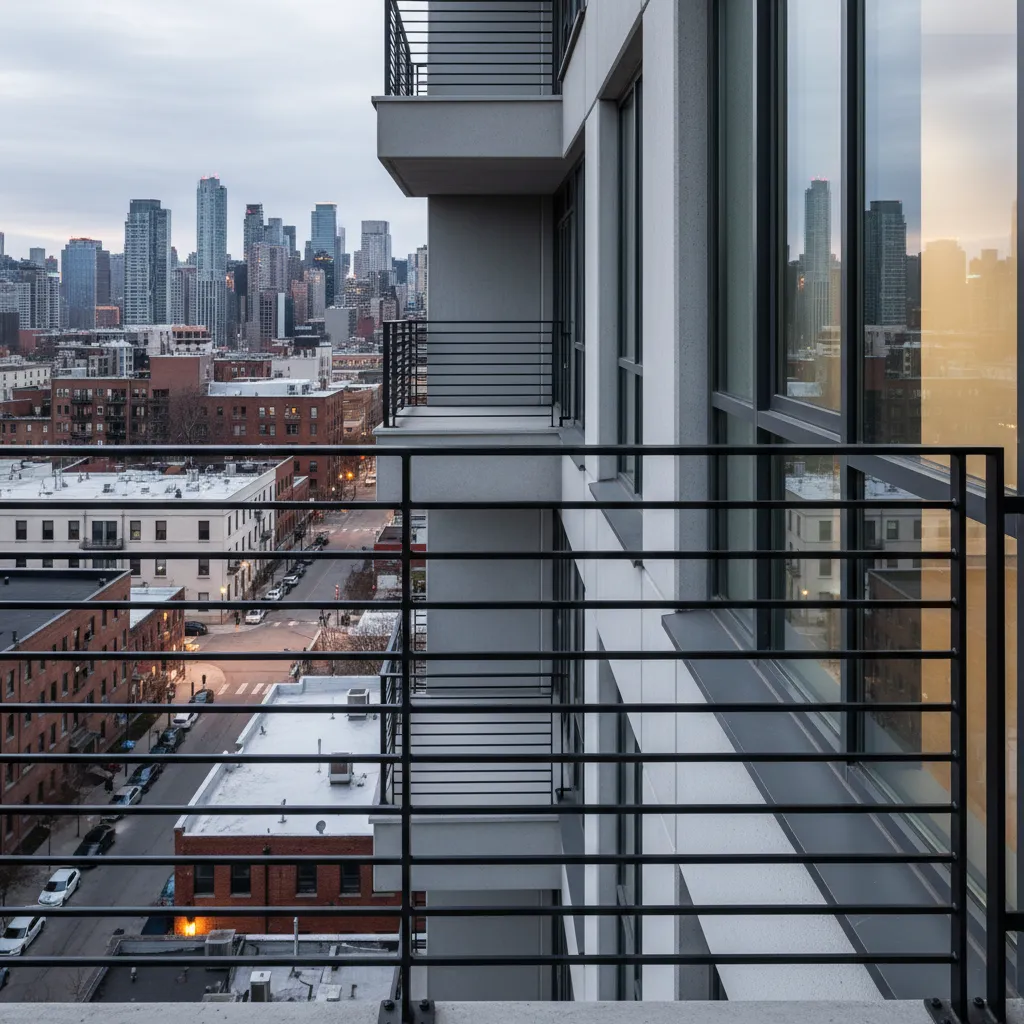 Balcony with horizontal modern iron railing bars