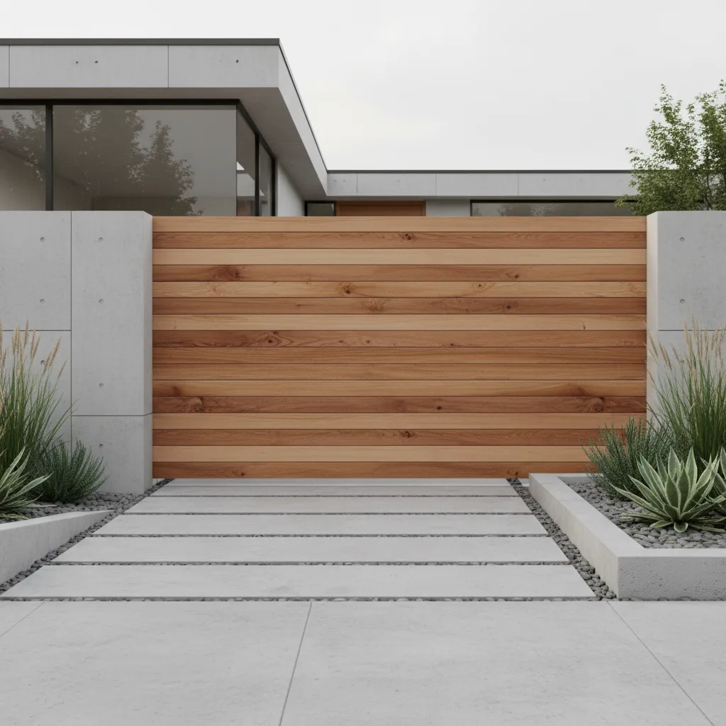 Modern horizontal cedar wood driveway gate with warm natural tones