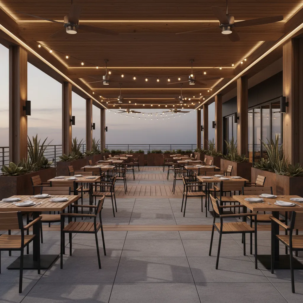 Modern hospitality patio design with coordinated ceiling fans and outdoor dining layout