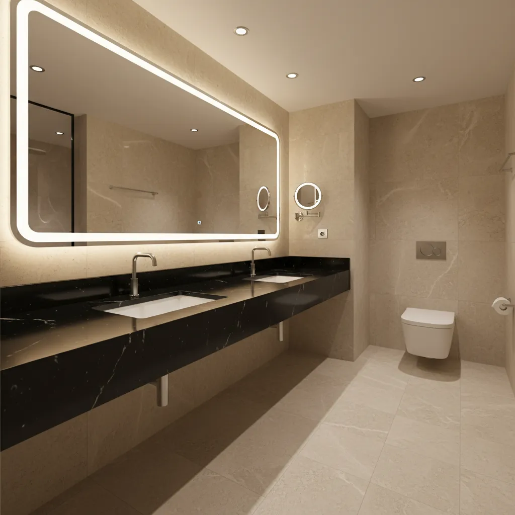 Modern hotel bathroom layout with black countertop vanity and mirror lighting