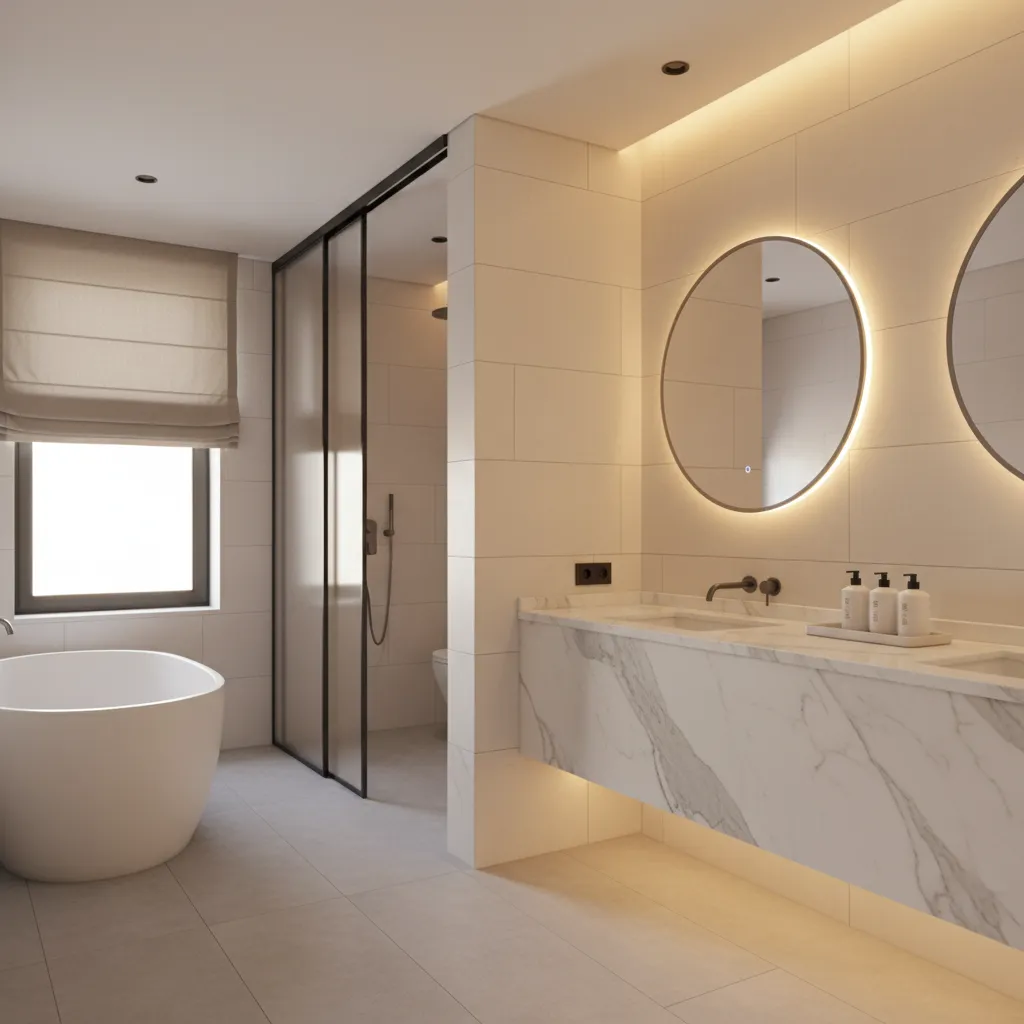 Luxury hotel bathroom with frosted glass sliding door and soft lighting