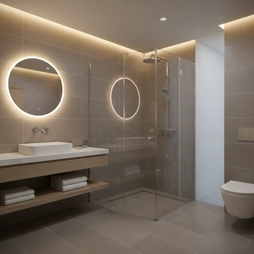 Clean modern hotel bathroom interior with large tiles and glass shower