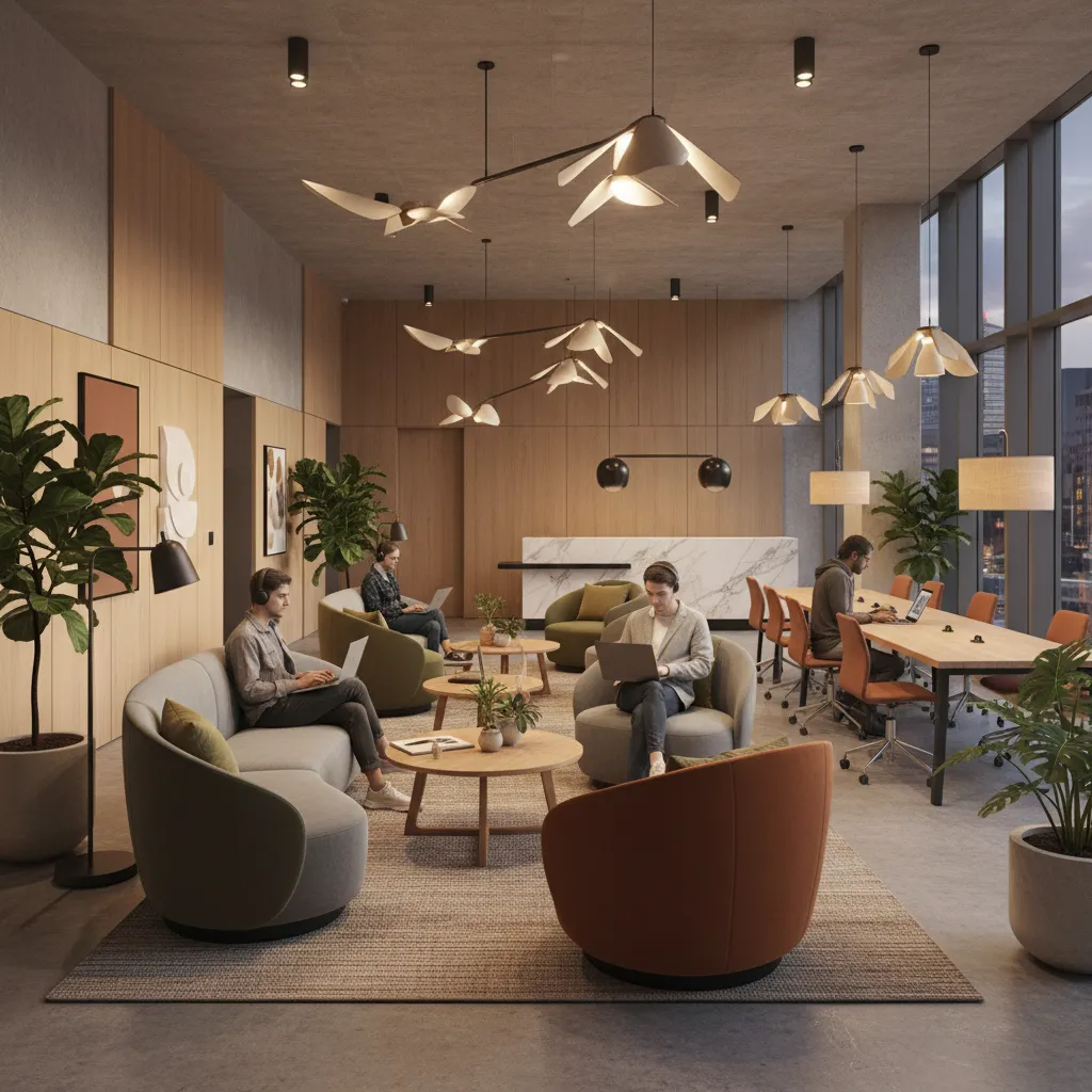 Modern lobby design with people using laptops, wooden walls, green plants, and unique ceiling lights