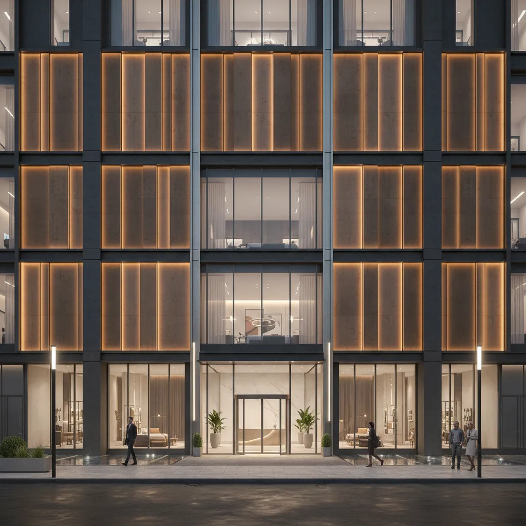 Modern hospitality building exterior with decorative facade lighting and glass entrance